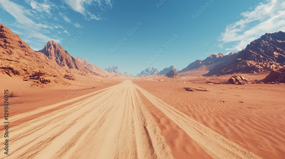 Fototapeta premium Vast Desert Landscape with Sandy Road and Mountains under Bright Sunny Sky