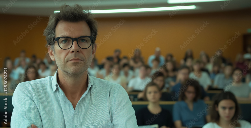 Fototapeta premium Teacher with arms crossed, in the background several blurred students sitting in an auditorium