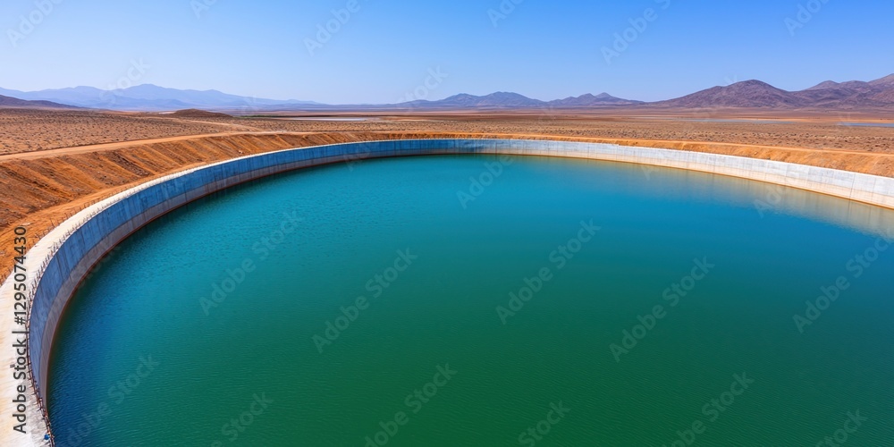 Obraz premium Developing Countries Infrastructure Concepts. Large circular water reservoir in a dry landscape under a blue sky.