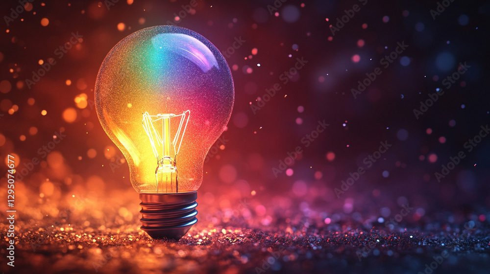 An ethereal floating light bulb emanates a rainbow prismatic glow against a dark background, symbolizing innovation, creativity, and modern concepts, with particles adding an otherworldly touch An ethereal floating light bulb emanates a rainbow prismatic glow against a dark background, symbolizing innovation, creativity, and modern concepts, with particles adding an otherworldly touch
