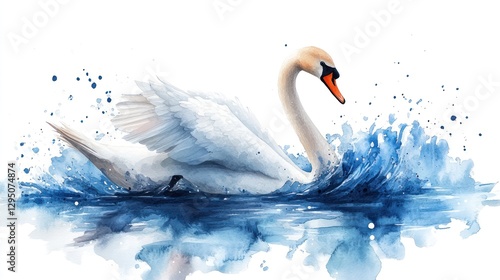 Fototapeta Naklejka Na Ścianę i Meble -  Swan swimming in splashing blue water, serene background
