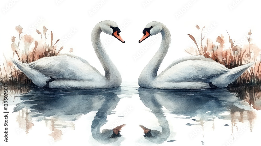 Fototapeta premium Swans facing each other on calm lake with reeds, serene reflection