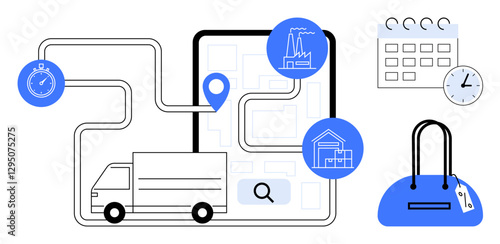 Delivery truck follows route on digital map displayed on a tablet, factory and building icons, stopwatch, calendar, clock, handbag. Ideal for logistics, supply chain, time management e-commerce