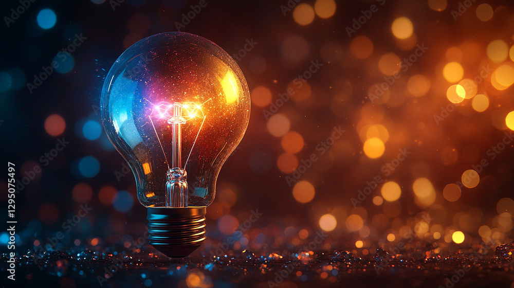 An ethereal floating light bulb emanates a rainbow prismatic glow against a dark background, symbolizing innovation, creativity, and modern concepts, with particles adding an otherworldly touch