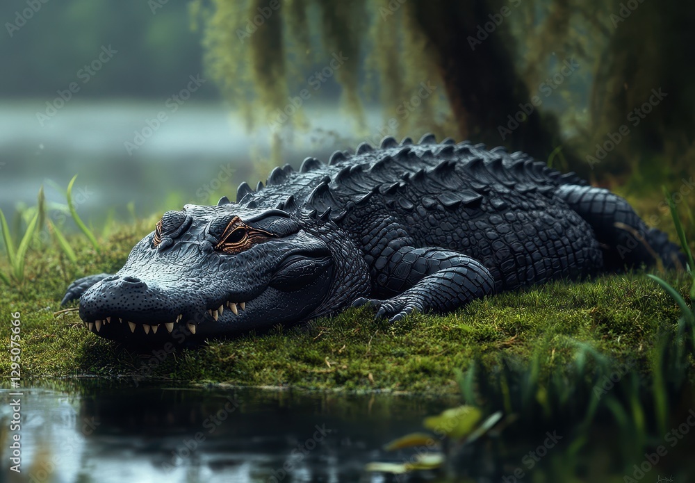 Obraz premium Realistic and Detailed Illustration of a Large Crocodile Resting by a Serene Water Body Surrounded by Lush Greenery in a Natural Habitat Setting