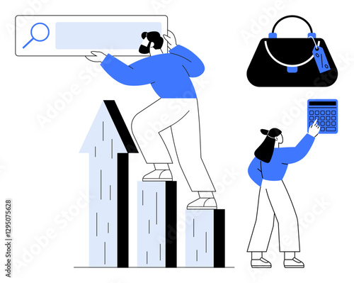 Two team members engage in business analytics, climbing bar chart, using search tool, calculating data. Ideal for business growth, teamwork, market analysis, success, strategy planning financial