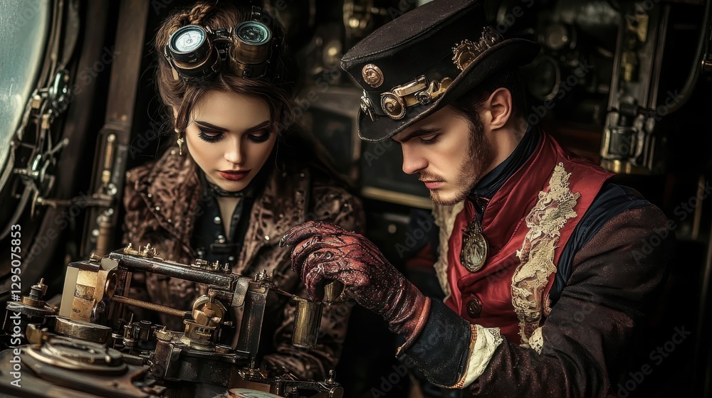 Fototapeta premium A steampunk styled couple working on complex machinery together closely