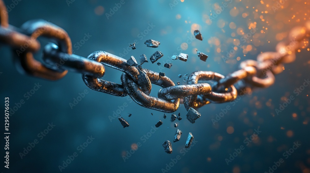 Broken Chain Links Symbolizing Freedom and Strength with Fragmented Pieces Broken Chain Links Symbolizing Freedom and Strength with Fragmented Pieces