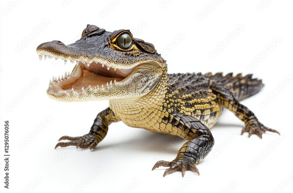 Obraz premium Realistic close-up of a young crocodile displaying sharp teeth with an open mouth against a clean white background in a studio setting