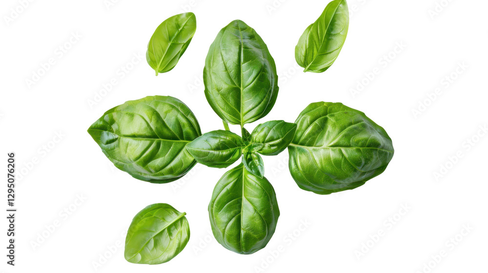 Fototapeta premium Fresh basil leaves rotating on transparent background