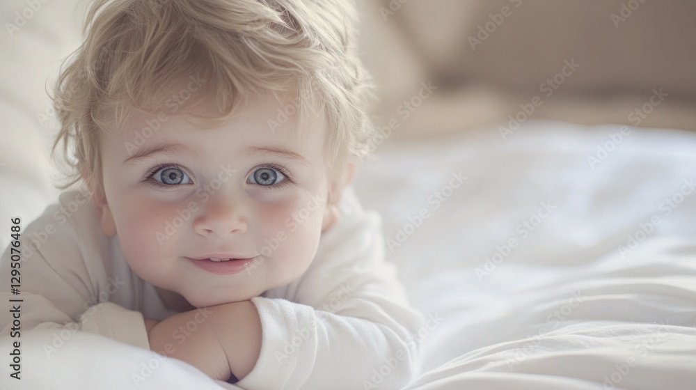 Adorable Baby Boy in White Outfit on Bed Adorable Baby Boy in White Outfit on Bed