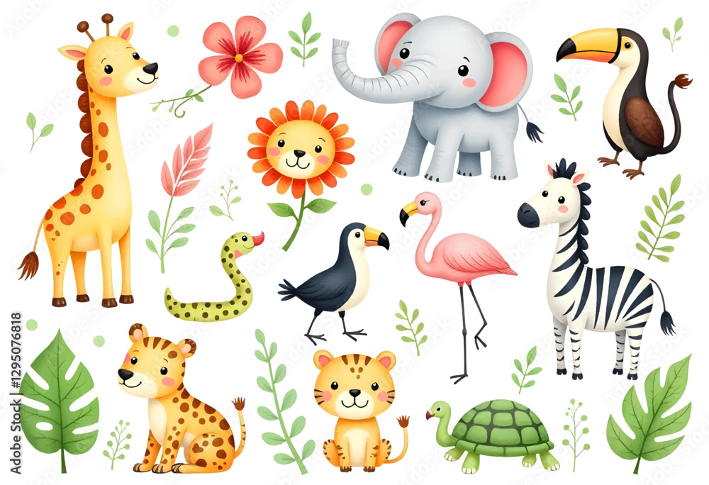 Watercolor illustration of a collection of jungle Watercolor illustration of a collection of jungle