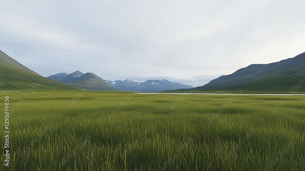 Vast Green Field Landscape with Mountains and Lake Vast Green Field Landscape with Mountains and Lake