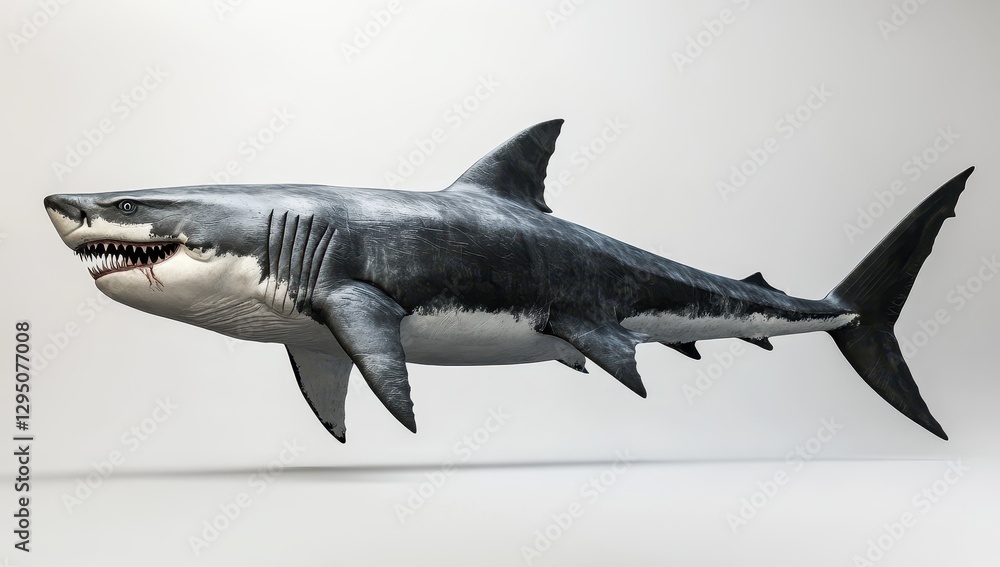 Fototapeta premium Realistic depiction of a powerful great white shark swimming gracefully under neutral background in a stock photo for marine life and wildlife enthusiasts