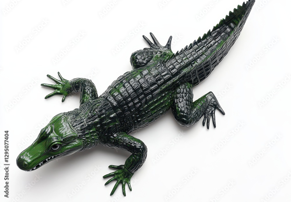 Fototapeta premium Realistic Green Toy Crocodile Positioned on White Background for Playful Decor and Educational Purposes