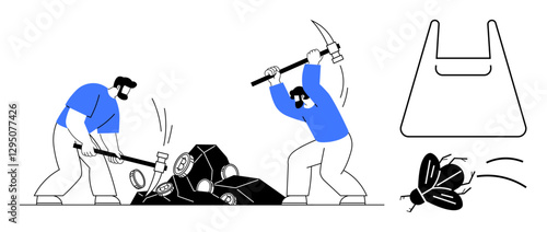 Two workers using pickaxes to break coal, with a plastic bag and fly nearby. Ideal for environmental issues, pollution, labor, sustainability, waste management, eco-awareness, industrialization
