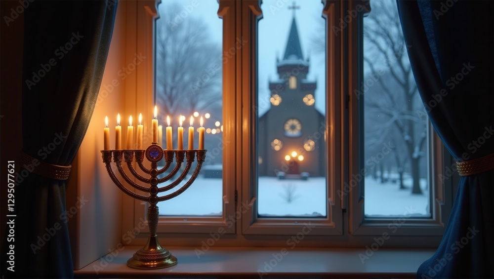 A warm, cozy scene with a menorah on a table, glowing brightly with candles. The snowy church outside is decorated with lights. Generative, AI A warm, cozy scene with a menorah on a table, glowing brightly with candles. The snowy church outside is decorated with lights. Generative, AI