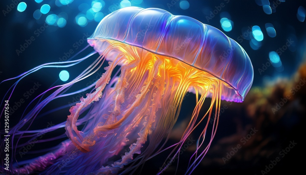 Fototapeta premium Close-up of a jellyfish tentacle, with a bioluminescent glow illuminating its delicate structure, showcasing the translucent beauty and intricate texture.