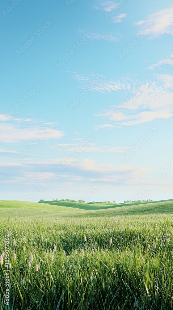 Obraz premium Vast Green Field Under a Blue Sky with Fluffy White Clouds