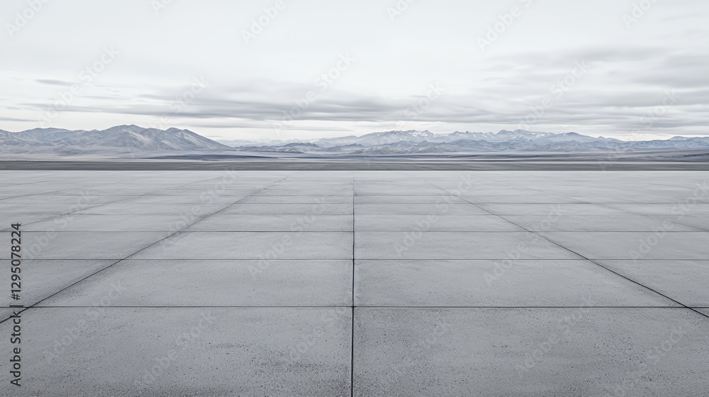 Vast Grey Tile Plain with Distant Mountains Under a Cloudy Sky Vast Grey Tile Plain with Distant Mountains Under a Cloudy Sky