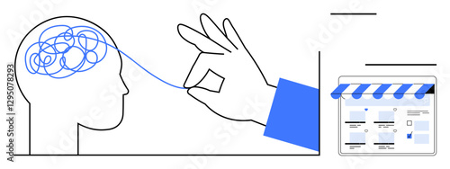Hand untangling line from tangled brain to organized storefront layout, representing clarity, problem-solving. Ideal for mental health, innovation, online solutions, e-commerce ideas, creativity