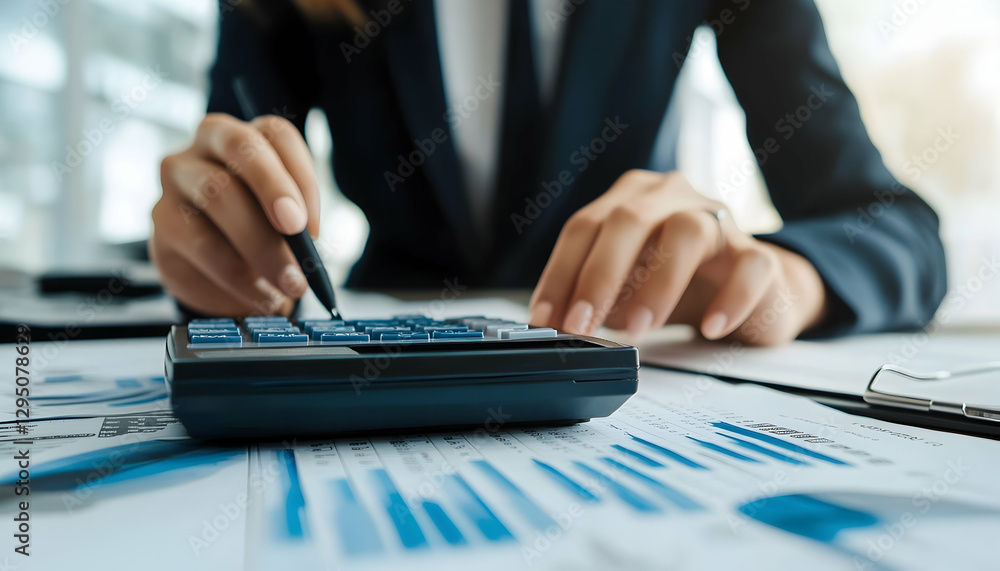 Businesswoman using a calculator to calculate financial reports - Businesswoman using a calculator to calculate financial reports -