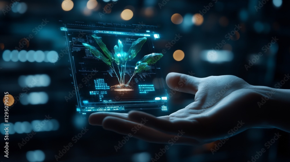 Fototapeta premium Futuristic Agriculture Technology Urban Environment Digital Hologram Hands Innovation Impact