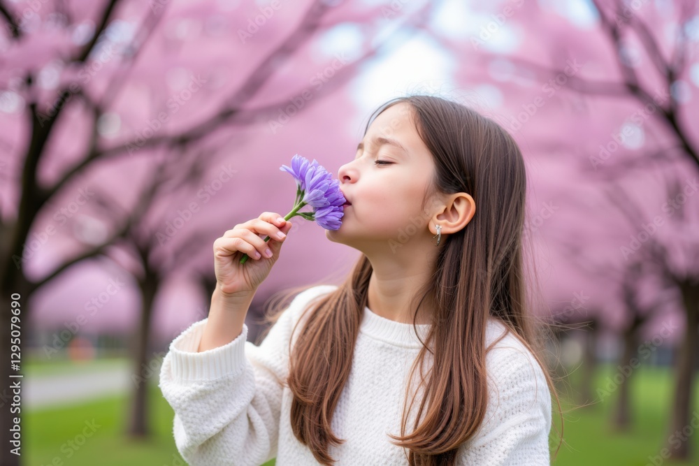 Young Asian Girl Smelling Purple Flowers in Springtime Cherry Blossom Park, Surrounded by Pink Trees, Capturing the Essence of Nature and Innocence Young Asian Girl Smelling Purple Flowers in Springtime Cherry Blossom Park, Surrounded by Pink Trees, Capturing the Essence of Nature and Innocence