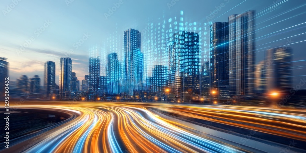 Fototapeta premium Dynamic Futuristic Cityscape at Dusk with Digital Data Streams and Light Trails,futuristic background