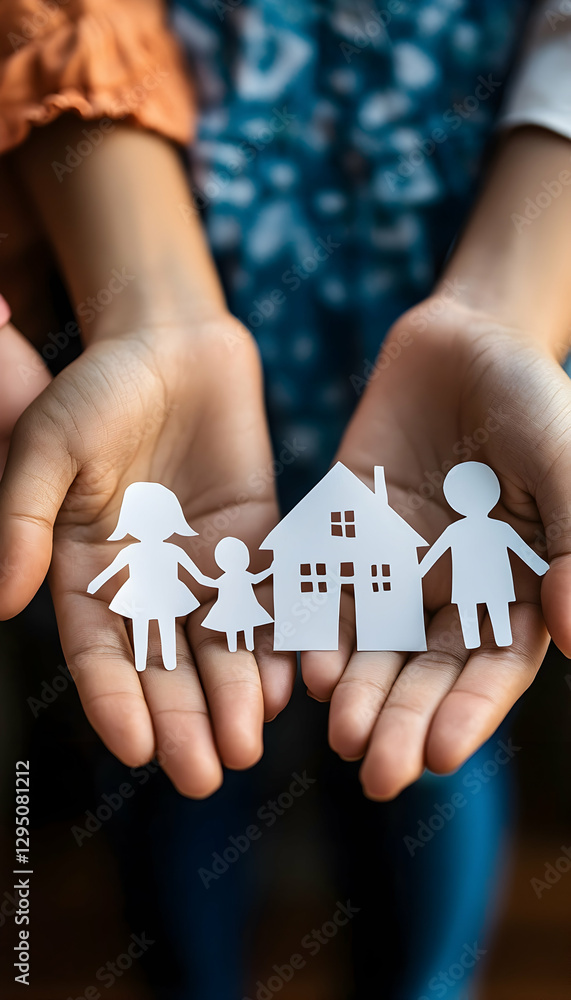Children and adults holding paper cutouts of a family and home, representing adoption and household budgeting - Children and adults holding paper cutouts of a family and home, representing adoption and household budgeting -