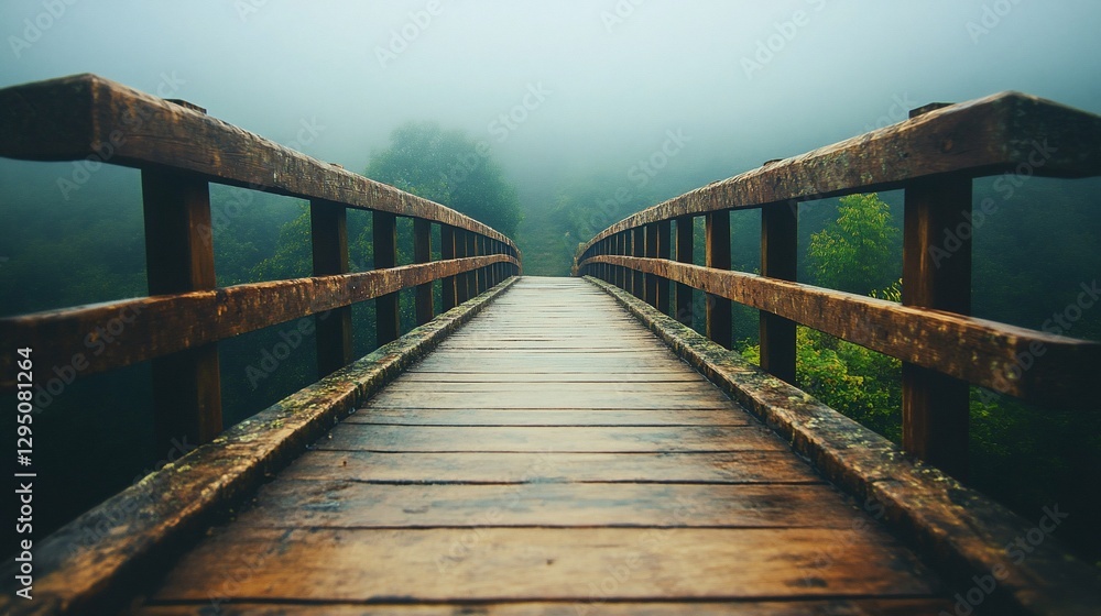 Fototapeta premium Mystical wooden bridge leading through the misty forest landscape