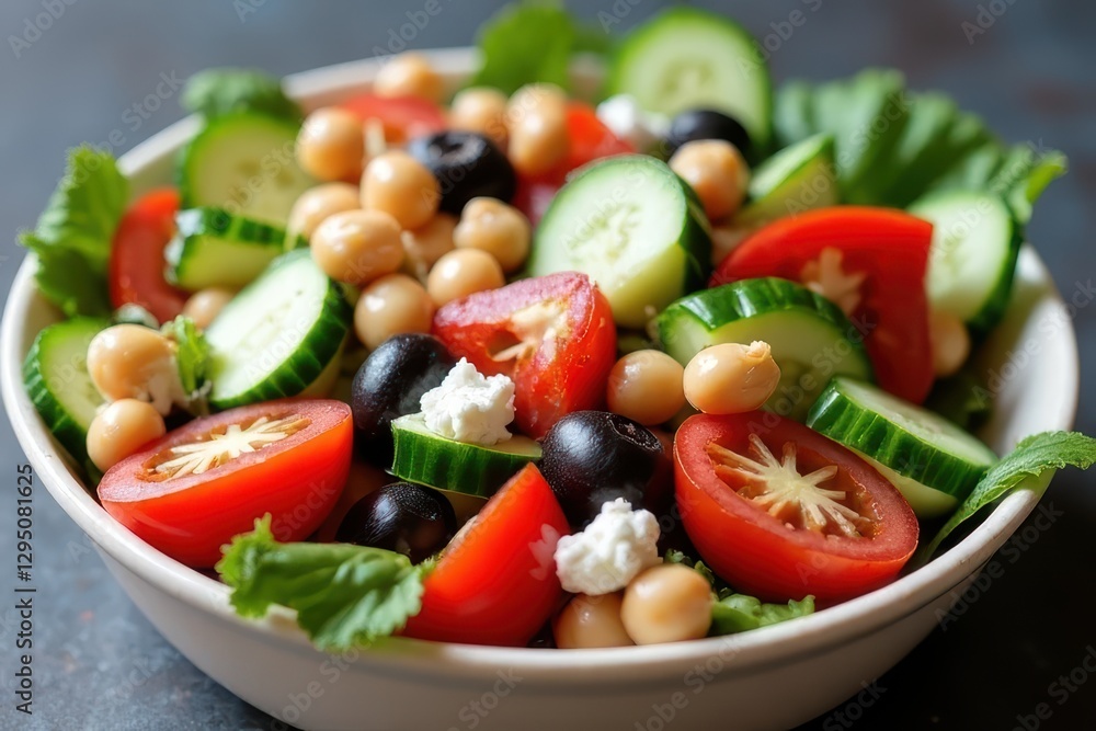 Mediterranean-Inspired Salad: Chickpeas, Veggies, Feta, & Olives Combination Mediterranean-Inspired Salad: Chickpeas, Veggies, Feta, & Olives Combination