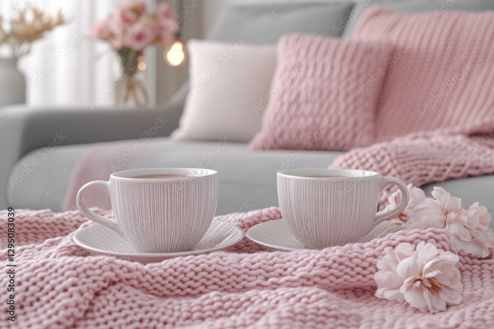 Two steaming cups of coffee rest atop a table, elegantly accompanied by a soft pink blanket, creating a cozy and inviting atmosphere. Two steaming cups of coffee rest atop a table, elegantly accompanied by a soft pink blanket, creating a cozy and inviting atmosphere.