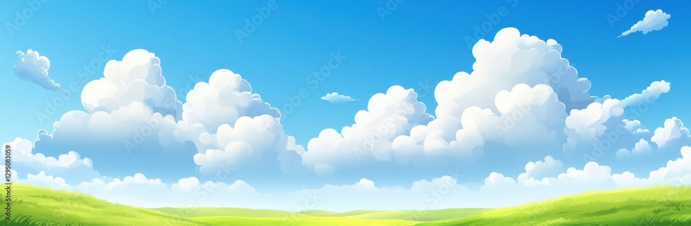 Serene Summer Day: A Panoramic View of Fluffy Clouds Over Lush Green Meadows