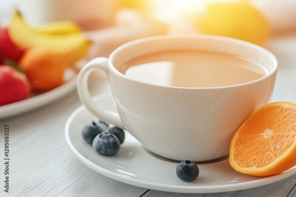 A cozy setting features a steaming cup of tea alongside a vibrant plate of assorted fresh fruit on a wooden table. A cozy setting features a steaming cup of tea alongside a vibrant plate of assorted fresh fruit on a wooden table.