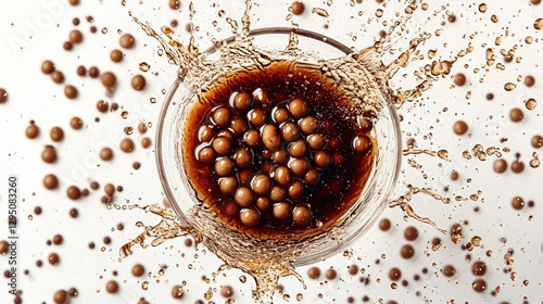 Chocolate balls splashing in a glass bowl on white background photo