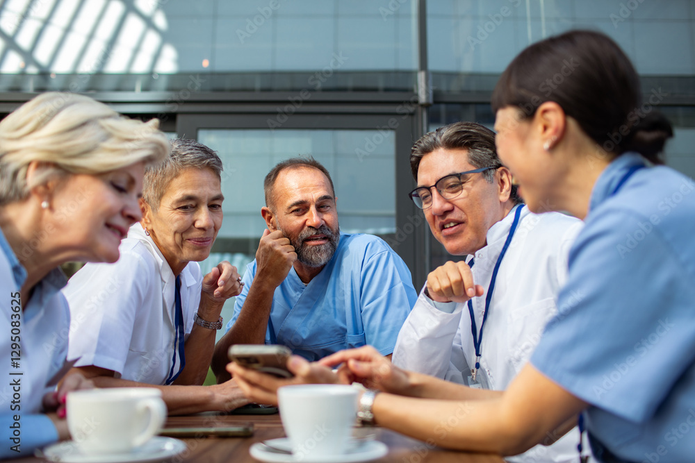 © Marko Geber - Group of diverse doctors laughing on coffee break outdoors