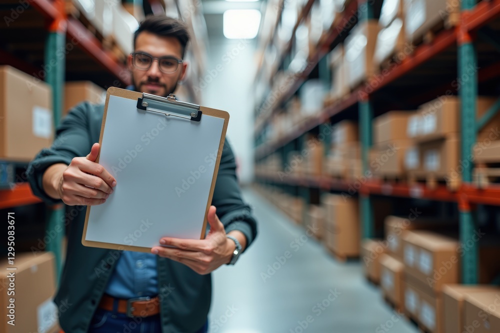Young Hispanic Male Warehouse Worker Holding Blank Clipboard in an Aisle Surrounded by Stacked Boxes in a Large Distribution Center Young Hispanic Male Warehouse Worker Holding Blank Clipboard in an Aisle Surrounded by Stacked Boxes in a Large Distribution Center