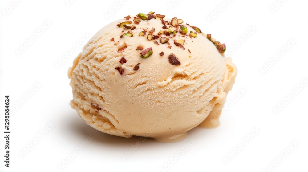 Pistachio-topped light beige ice cream scoop on white background Pistachio-topped light beige ice cream scoop on white background