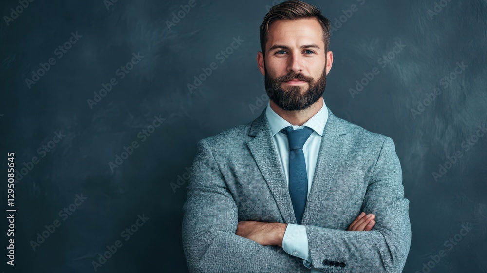 Confident man in a suit and tie stands with arms crossed, exuding professionalism and authority in a formal setting. Confident man in a suit and tie stands with arms crossed, exuding professionalism and authority in a formal setting.