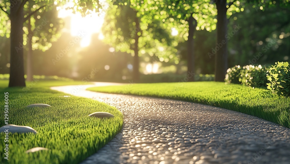 Fototapeta premium Sunlit Stone Path Winding Through Lush Green Park at Sunset