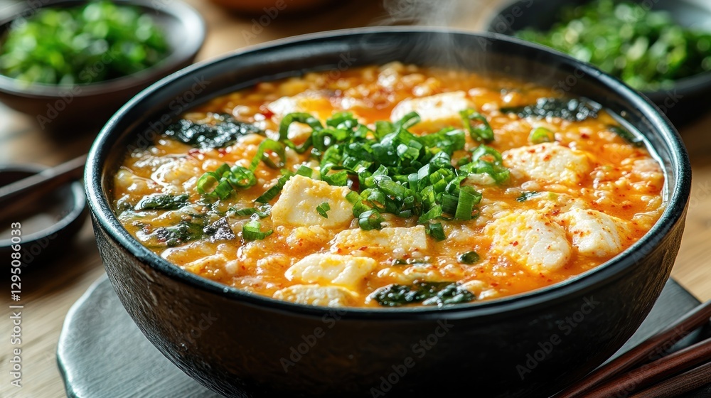 Spicy Tofu Rice Soup, steaming hot, on wooden table, with garnish Spicy Tofu Rice Soup, steaming hot, on wooden table, with garnish