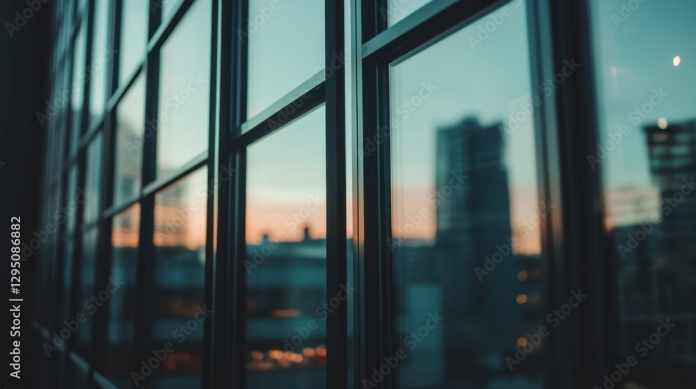 Fototapeta premium A detailed close-up of a window frame, showcasing a vibrant cityscape in the background, highlighting urban architecture and city life.