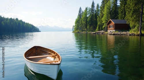 Fototapeta Naklejka Na Ścianę i Meble -  Tranquil lake scene with wooden boat and cabin