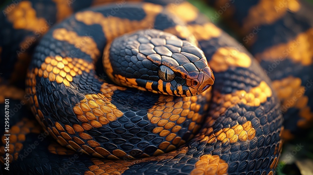 Close-up coiled snake on natural ground with blurred background Close-up coiled snake on natural ground with blurred background