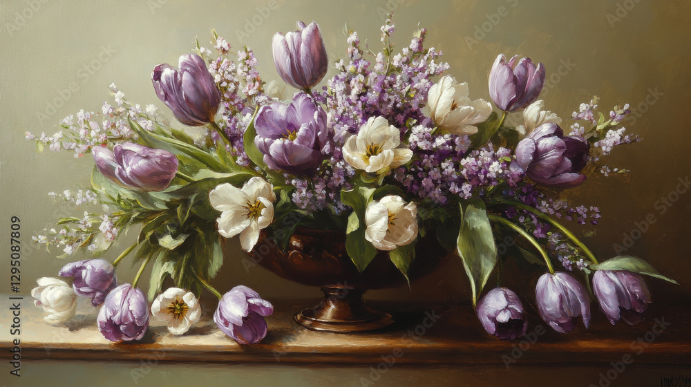 A stunning still-life painting of delicate cherry blossoms and lush lavender tulips, set against a warm beige background