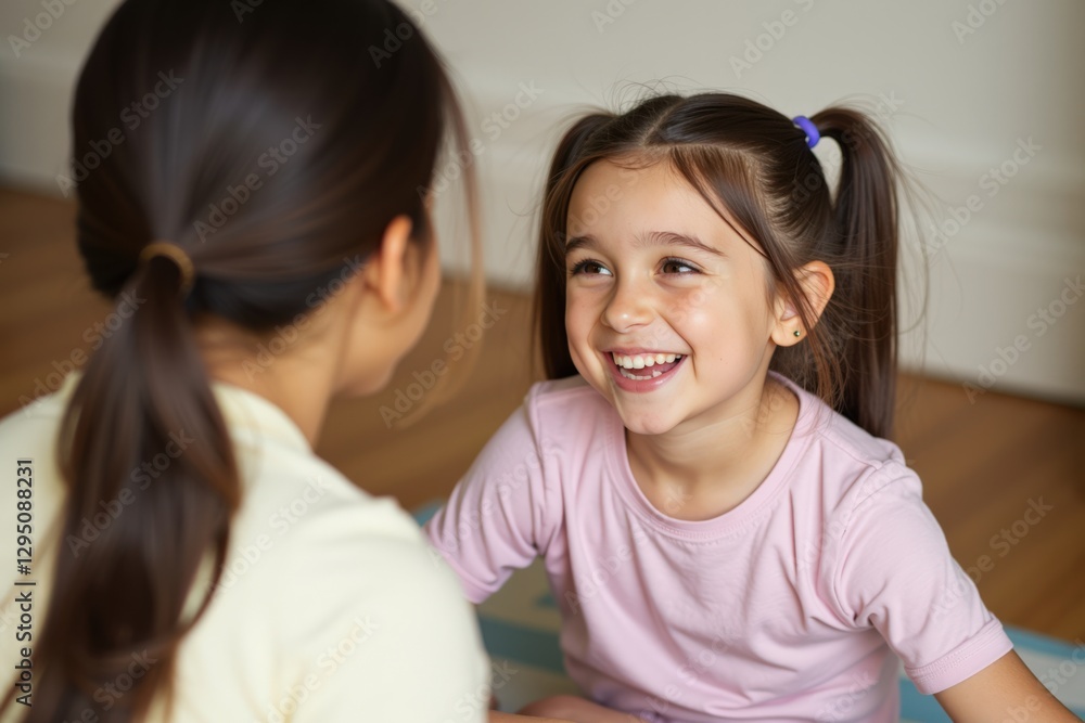 Young Girl Laughing With Female Guardian in a Bright Indoor Space – A Heartwarming Moment of Joy and Connection Captured Between Two Loved Ones Young Girl Laughing With Female Guardian in a Bright Indoor Space – A Heartwarming Moment of Joy and Connection Captured Between Two Loved Ones