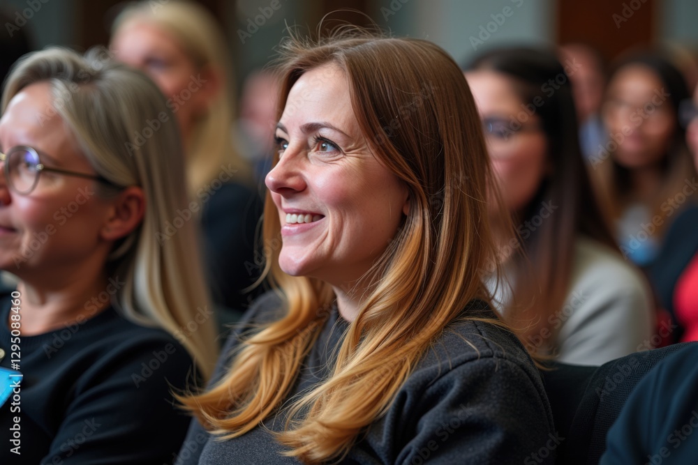 A 30-Something Woman With Long Brown Hair Smiles in a Crowded Conference Room During a Public Speaking Event, Engaged and Enthusiastic Among a Diverse Audience A 30-Something Woman With Long Brown Hair Smiles in a Crowded Conference Room During a Public Speaking Event, Engaged and Enthusiastic Among a Diverse Audience