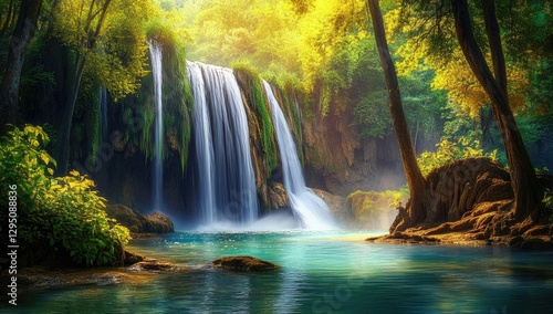 Golden Waterfall in Lush Tropical Forest