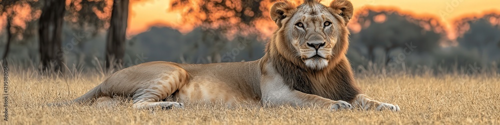 Majestic Lion Resting in African Savannah at Sunset with Vibrant Orange Sky, Capturing Wildlife Serenity and Natural Beauty, Sublime Safari Experience Majestic Lion Resting in African Savannah at Sunset with Vibrant Orange Sky, Capturing Wildlife Serenity and Natural Beauty, Sublime Safari Experience